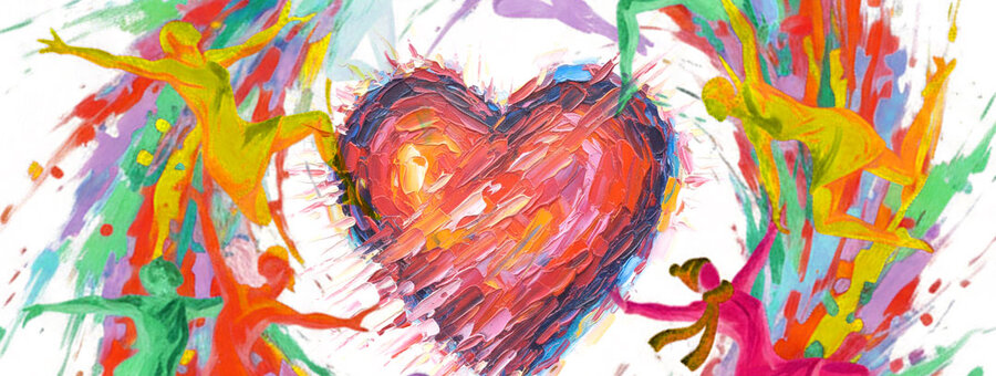 Plakat für "Tanz für Toleraz - gegen Hass und Hetze in Schwandorf" mit bunt gestaltetem Titelschriftzug und auffallender malerischer Illustration mit einem Herz im Zentrum, darum ein kreisförmiger bunter Wirbel, in dem abstrakte menschliche tanzende figuren erkennbar sind.