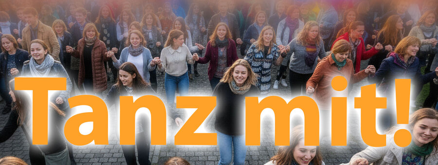 Tanz-Demonstration für Respekt: Viele fröhliche Menschen bilden beim Tanzen eine Kette. Das Bild vermittelt Gemeinschaft gegen Hass. Der Text „Tanz mit!“ und eine Pride-Flagge setzen Akzente.