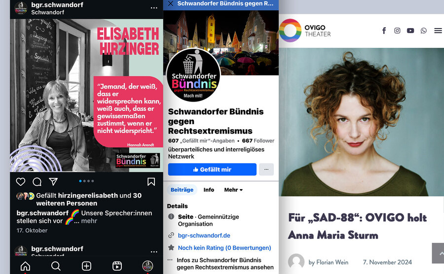 Social Media Accounts des Bündnisses gegen Rechtsextremismus Schwandorf; Ovigo Theater; Anna Maria Sturm