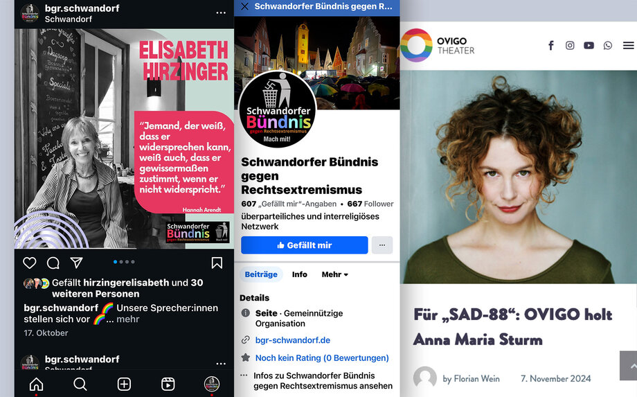 Social Media Accounts des Bündnisses gegen Rechtsextremismus Schwandorf; Ovigo Theater; Anna Maria Sturm