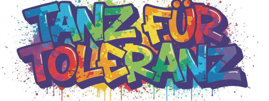 Titel-Schriftzug "Tanz für Toleranz" im Graffity-Stil, als dynamisch ineinander verschachtelte Großbuchstaben, mit Konturieren und Schlagschatten in dunkellila und knallbunten Füllungen in Regenbogenfarben. Darunter in lila die Zeile: gegen Hass und Hetze in Schwandorf.