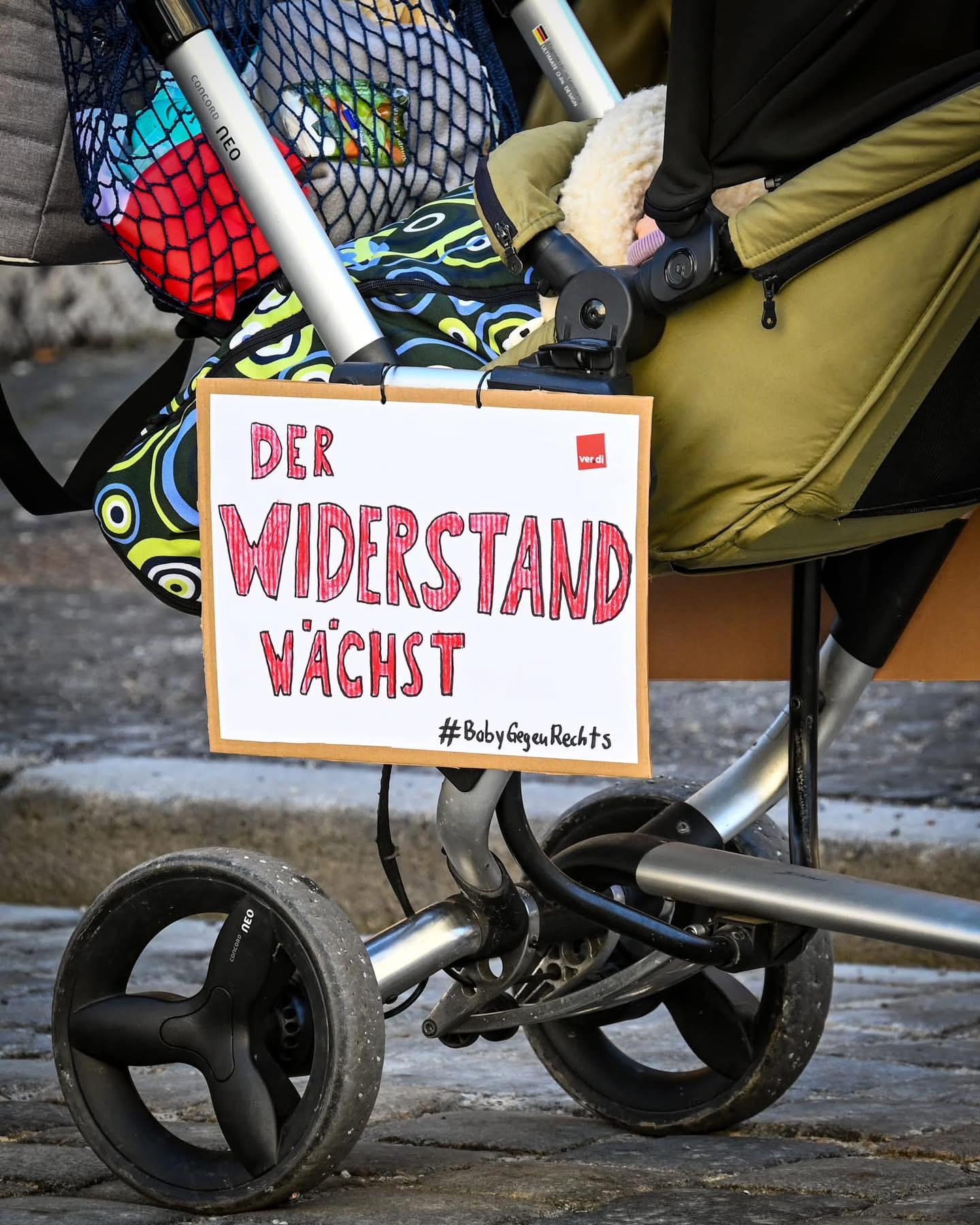 Baby gegen Rechts: Der Widerstand wächst. Lustiges Schild auf der Demonstation gegen die rechte Normalisierung am 2.2.2025 in Regensburg